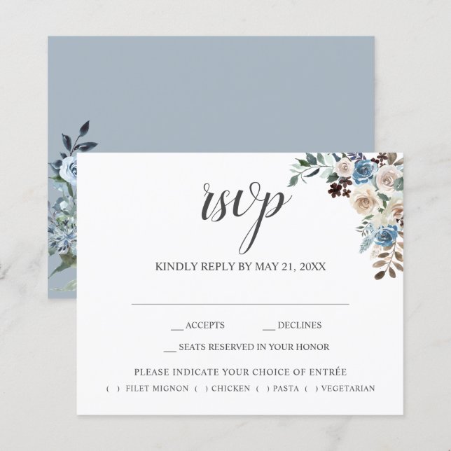 Boho Dusty Blue Beige Flowers Script Wedding RSVP (Front/Back)