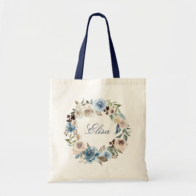 Boho Dusty Blue Beige Rose Floral Wreath Tote Bag (Front)