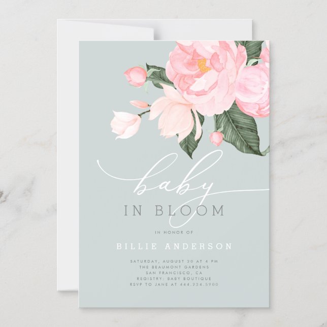 Boho Dusty Blue Blush Floral Baby in Bloom Shower Magnetic Invitation (Front)