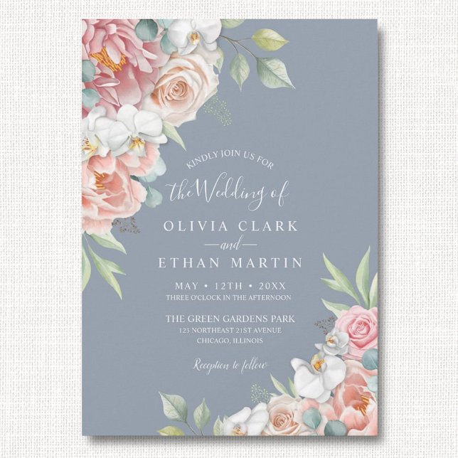 Boho Dusty Blue Blush Pink Floral Rustic Wedding Invitation (Creator Uploaded)