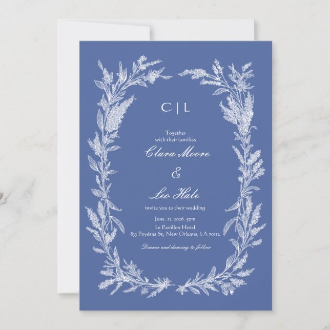 Boho Dusty Blue Botanical Wreath Wedding Invitation (Front)