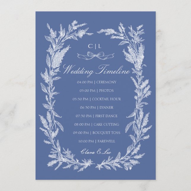 Boho Dusty Blue Botanical Wreath Wedding Timeline  Program (Front)