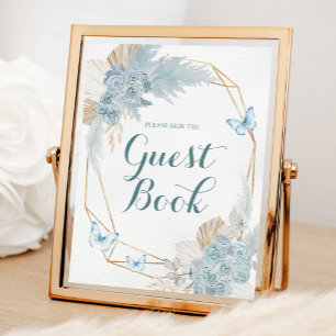 Boho Dusty Blue Butterfly Birthday Guest Book