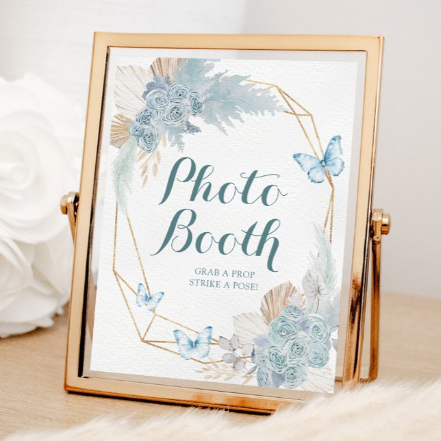 Boho Dusty Blue Butterfly Birthday Photo Booth Poster (Creator Uploaded)