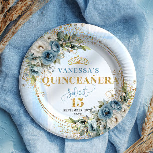 Boho Dusty Blue Eucalyptus Gold Glitter Custom   Paper Plate