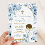Boho Dusty Blue Floral Boy Praying First Communion Invitation<br><div class="desc">Boho Dusty Blue Floral Boy Praying First Communion Invitation</div>