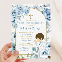 Boho Dusty Blue Floral Boy Praying First Communion