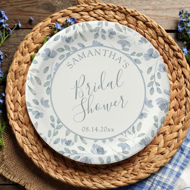 Boho Dusty Blue Floral Bridal Shower  Paper Plate (Creator Uploaded)