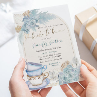 Boho Dusty Blue Floral Bridal Shower Tea Party Invitation