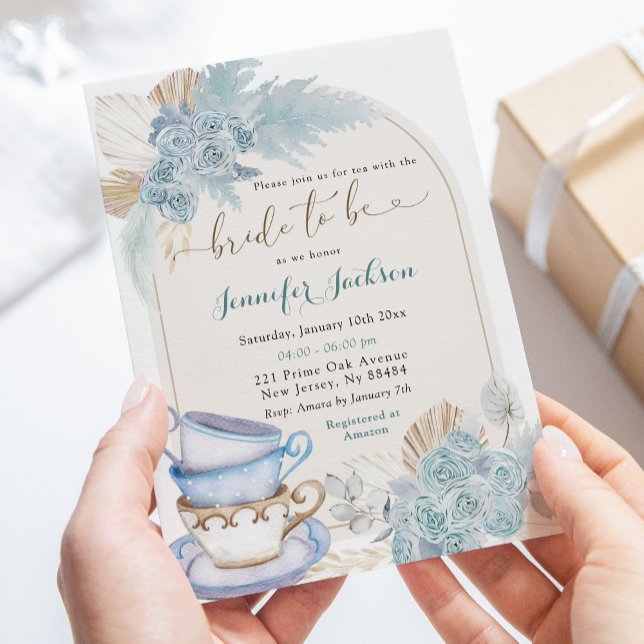 Boho Dusty Blue Floral Bridal Shower Tea Party Invitation (Creator Uploaded)