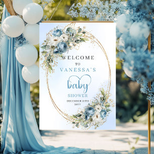Boho Dusty Blue Floral Eucalyptus Baby Shower Welc Poster