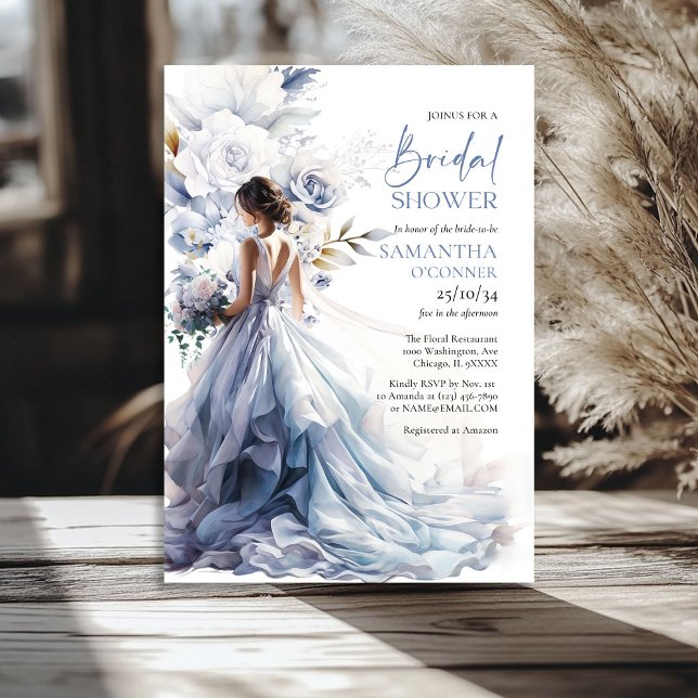 Boho dusty blue floral eucalyptus bridal dress invitation (Boho dusty blue floral eucalyptus bridal dress invitation)