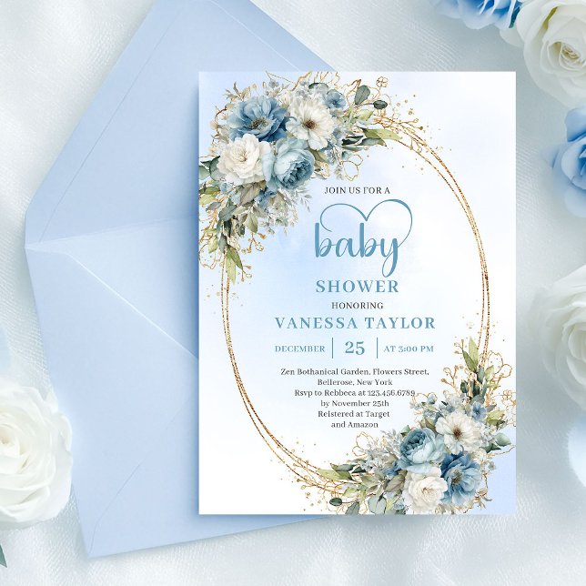 Boho Dusty Blue Floral Eucalyptus Gold Baby Shower Invitation (Printed with Zazzle’s premium professional quality, this baby shower invitation showcases soft water)