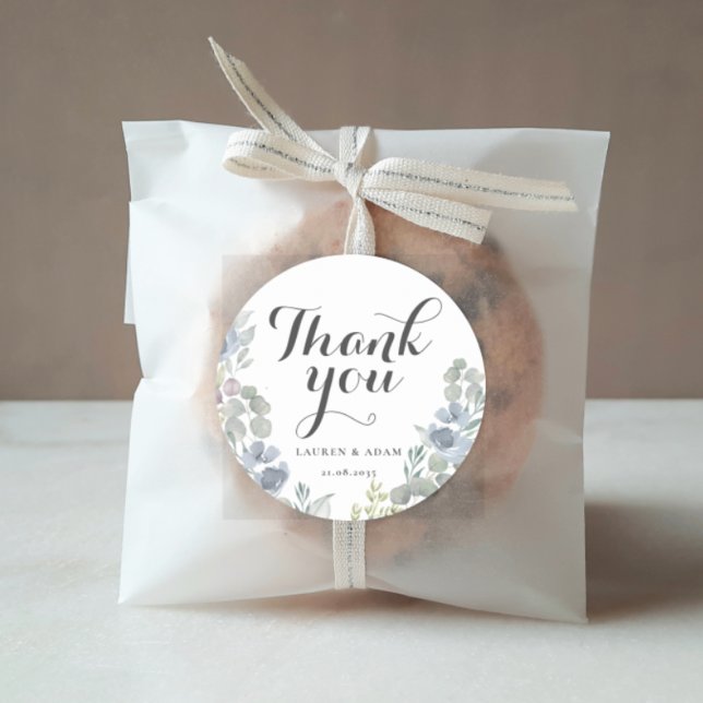 Boho Dusty Blue Floral Eucalyptus Wedding fovor Classic Round Sticker (Creator Uploaded)