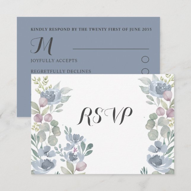 Boho Dusty Blue Floral Eucalyptus Wedding RSVP (Front/Back)