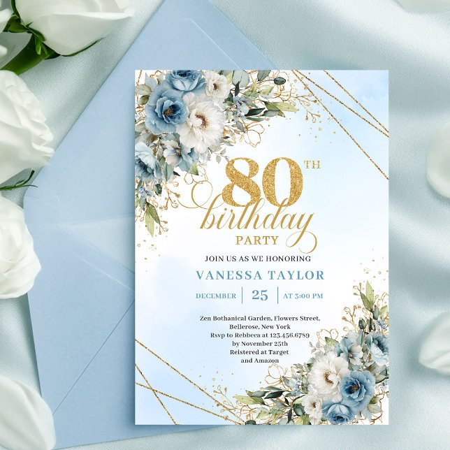 Boho Dusty Blue Floral Gold 80th Birthday Invite (Boho Dusty Blue Floral Gold 80th Birthday Invitation XL

)