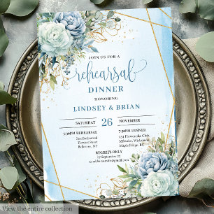 Boho Dusty Blue Floral Gold Frame Invitation