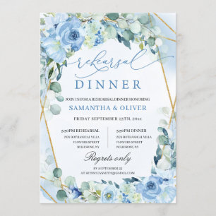 Boho Dusty Blue Floral Gold Geometric Rehearsal Invitation