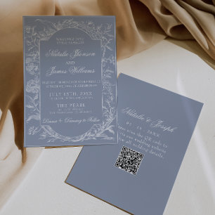 Boho Dusty Blue Floral QR Code Botanical Wedding Invitation