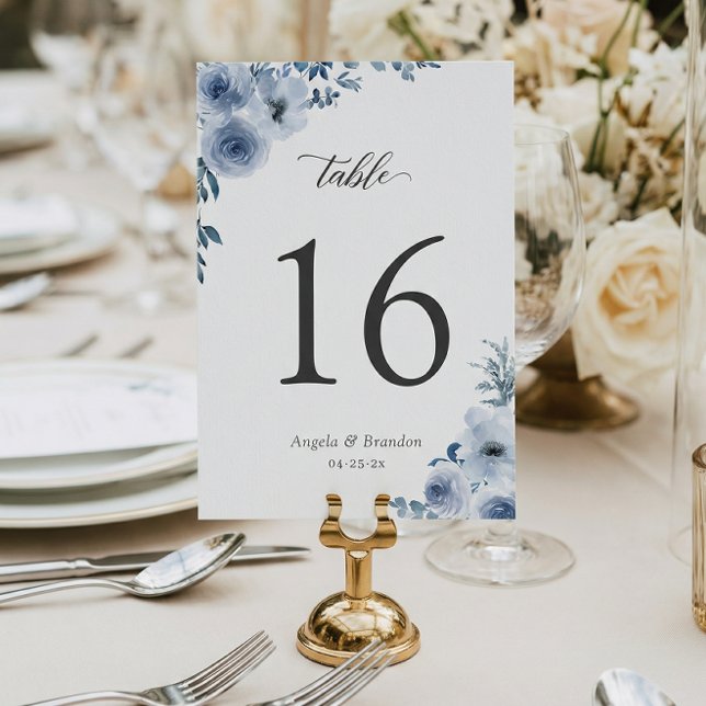 Boho Dusty Blue Floral Wedding Table Number Card (Creator Uploaded)