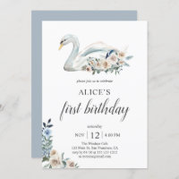 Boho Dusty Blue Flower Swan 1st Birthday