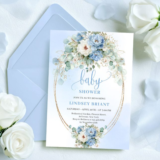 Boho Dusty Blue Flowers Eucalyptus Gold Baby Showe Invitation (Boho Dusty Blue Flowers Eucalyptus Gold Baby Shower)