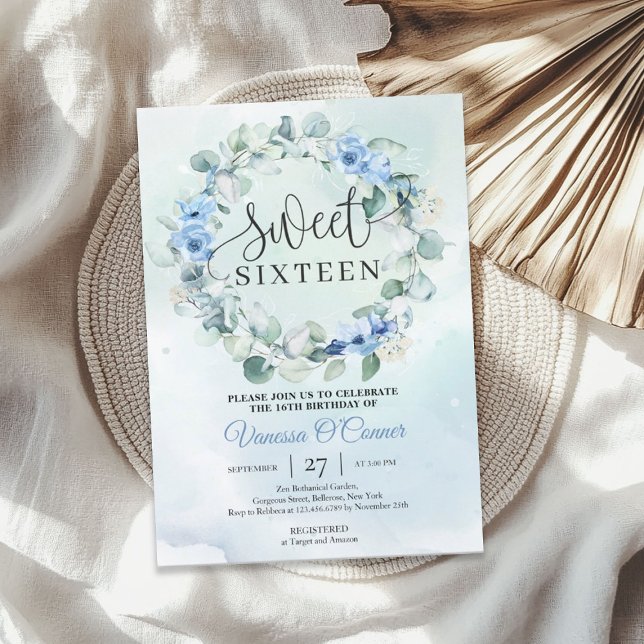Boho dusty blue flowers eucalyptus wreath invitation (Boho dusty blue flowers eucalyptus wreath invitation)