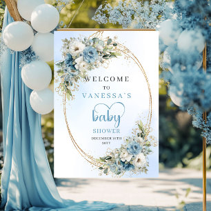 Boho Dusty Blue Flowers Gold Baby Shower Welcome  Poster