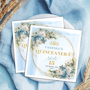 Boho Dusty Blue Flowers Gold Quinceañera Napkins