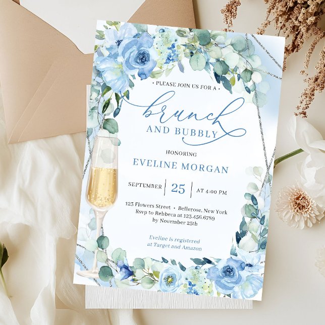 Boho dusty blue flowers greenery brunch and bubbly invitation (modern watercolor light pastel blue flowers eucalyptus silver brunch and bubbly invitation)