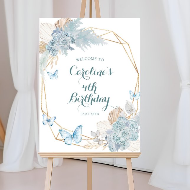 Boho Dusty Blue Flutter on Over Butterfly Welcome Poster (Creator Uploaded)
