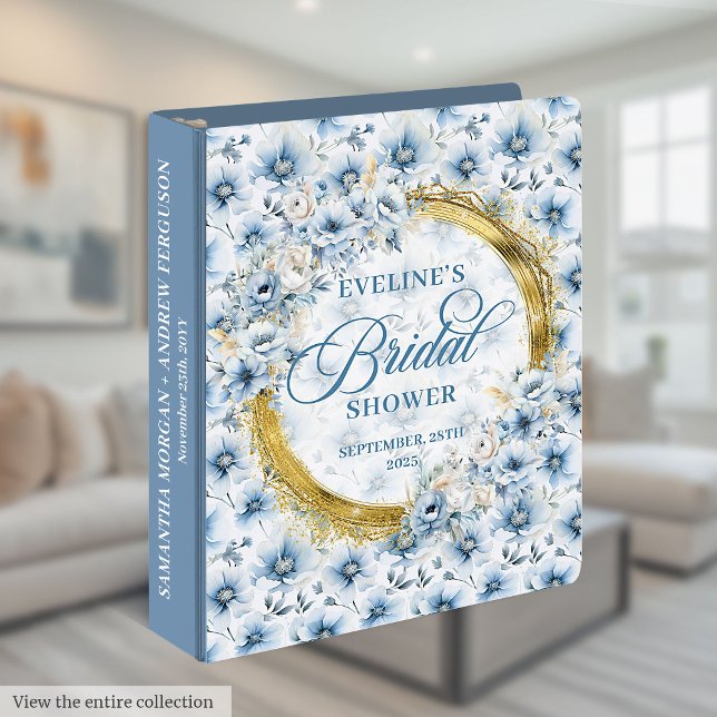 Boho Dusty Blue Gold Glitter Flowers Memory Album Binder (Boho Dusty Blue Gold Glitter Flowers Memory Album 3 ring binder )