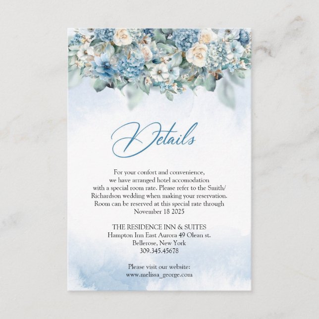 Boho dusty blue hydrangea and white roses details enclosure card (Front)