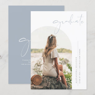 Boho Dusty Blue Minimalist Arch Photo Graduation Invitation