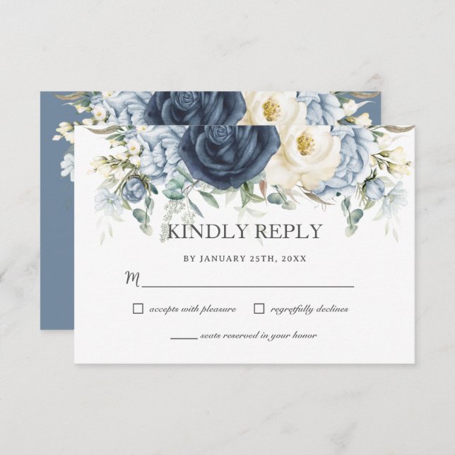 Boho Dusty Blue Navy Ivory Floral Sage Wedding RSVP Card (Front/Back)
