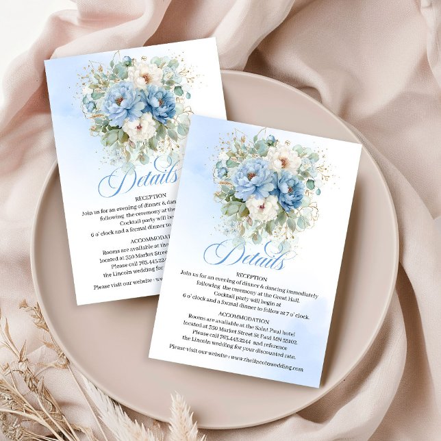 Boho Dusty Blue Peonies White Wedding Details Card (Boho Dusty Blue Peonies White Wedding Details Card)