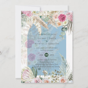BOHO Dusty Blue Pink Floral Pampas Grass Wedding Invitation