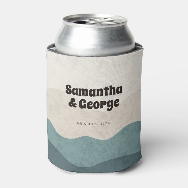 Boho Dusty Blue Retro Typography Wedding Favours Can Cooler (Can Front)