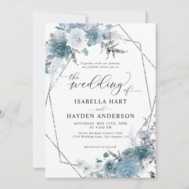 Boho Dusty Blue Slate Pastel Silver Foil Wedding Invitation (Front)