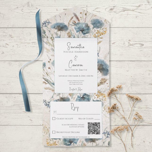 Boho Dusty Blue & Tan Floral Monogram QR Code All In One Invitation (Creator Uploaded)