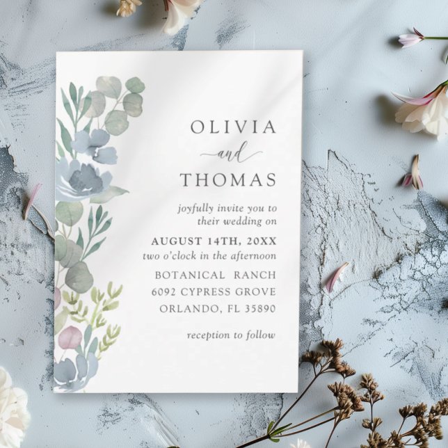 Boho Dusty Blue Watercolor Floral Wedding Invitation (Creator Uploaded)