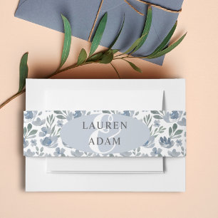 Boho Dusty Blue Watercolor floral Wedding Invitation Belly Band