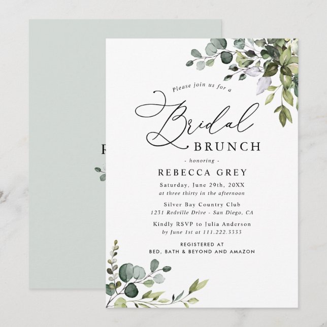 Boho Dusty Blue Watercolor Greenery Bridal Brunch Invitation (Front/Back)