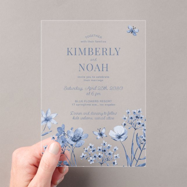 Boho dusty blue wildflowers wedding acrylic invitations (Insitu (Handheld))