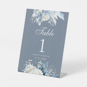 Boho Dusty Blue Wildflowers Wedding Table Number Pedestal Sign