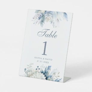 Boho Dusty Blue Wildflowers Wedding Table Number Pedestal Sign