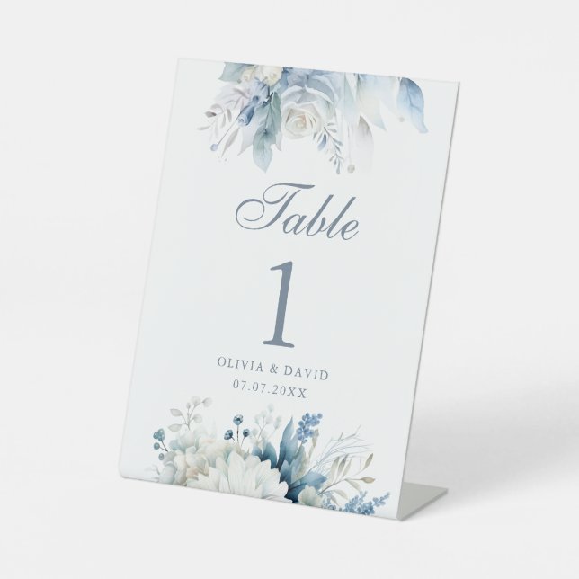 Boho Dusty Blue Wildflowers Wedding Table Number Pedestal Sign (Front)