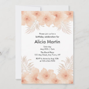 Boho Dusty Blush Flower Palm Leaf Birthday Invitation