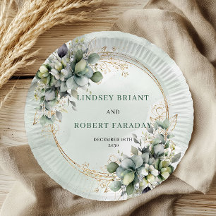 Boho Dusty Green Custom Name Botanical Wedding Paper Plate