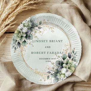 Boho Dusty Green Custom Name Foliage Wedding Plate